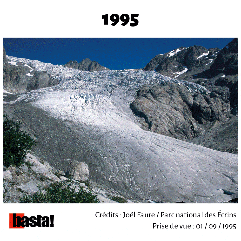 Depuis 1995, le front du glacier Blanc dans les Alpes a reculé d'un peu plus d'un kilomètre ! Afin de l'illustrer, basta a compilé les images prises chaque année en fin d'été entre 1995 et 2022 par un agent du Parc national des Écrins.