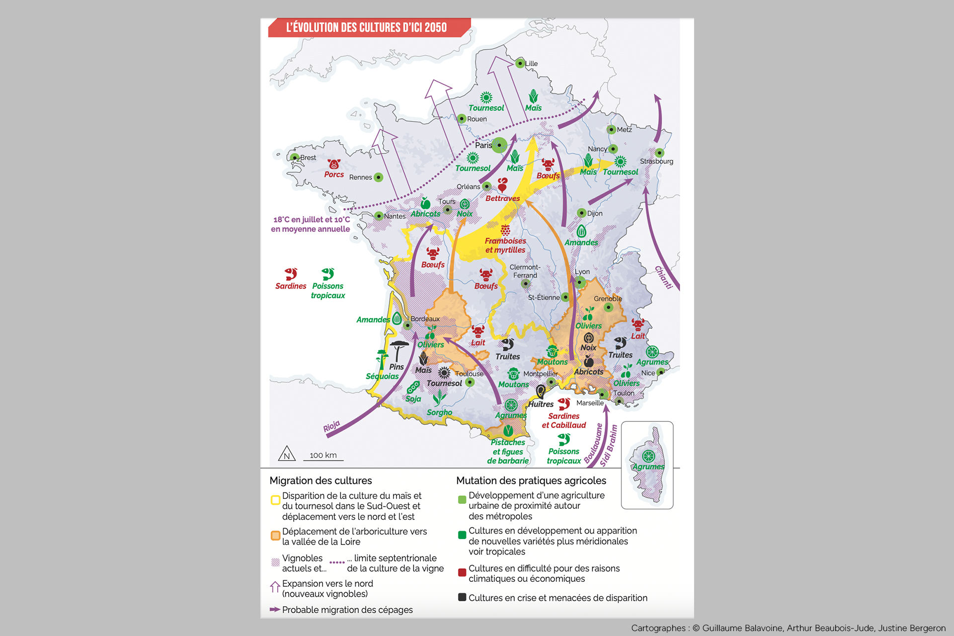 carte de France avec l'évolution des cultures d'ici 2050