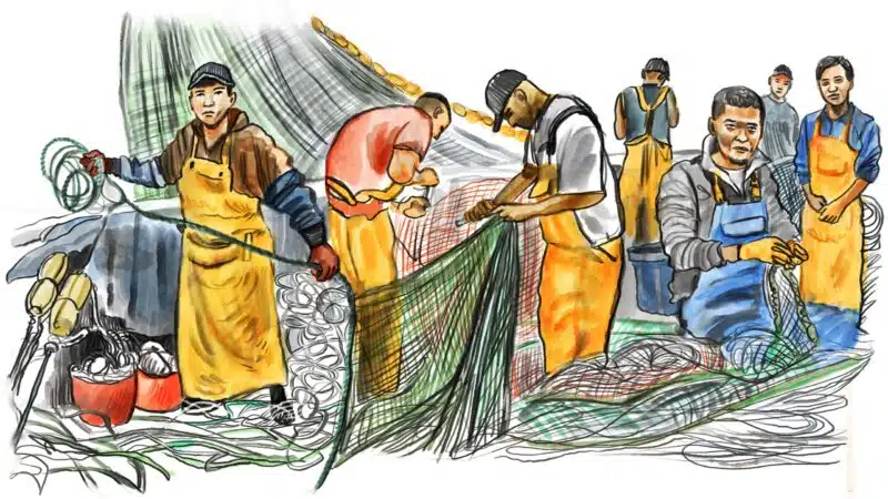 Dessin représentants sept hommes en tablier de pêcheur travaillant sur des filets de pêche.