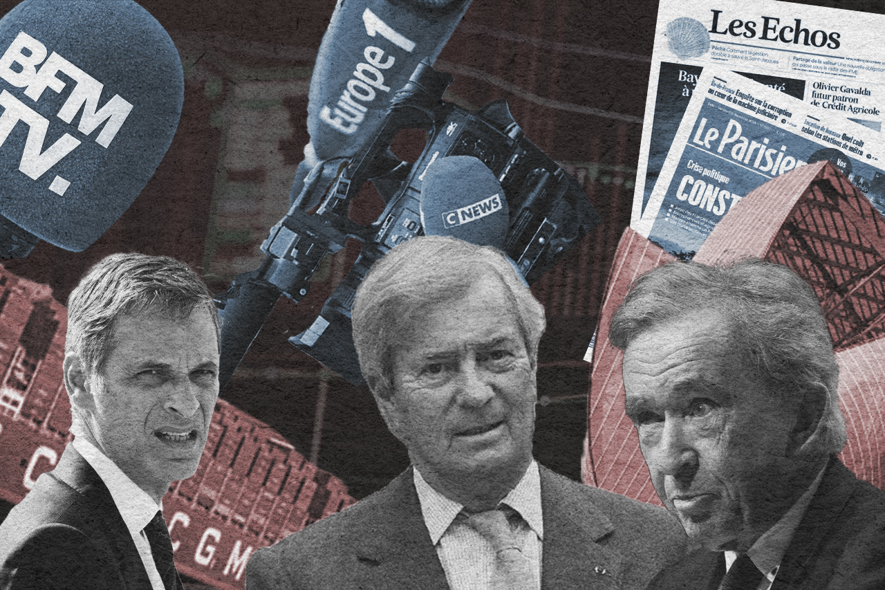 Rodolphe Saadé propriétaire de CMA CGM et de BFMTV, Vincent Bolloré propriétaire de CNews et Europe 1, et Bernard Arnault propriétaire de LVMH, Les échos et Le Parisien
