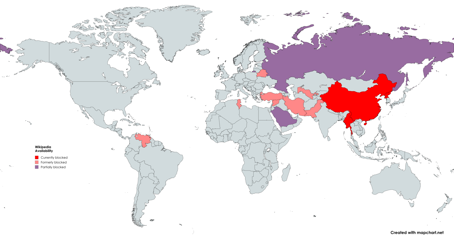 Carte du monde, avec la Chine, la Birmanie et la Corée du Nord en rouge ; le Venezuela, la Tunisie, la Biélorussie, l'Ouzbékistan, le Pakistan, l'Iran, la Turquie, la Syrie en rose ; la Russie et l'Arabie saoudite en violet