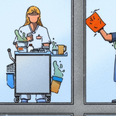 Dessins représentant deux femmes qui travaillent au nettoyage de vitres et de sols. 