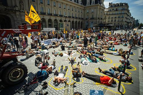des dizaines de personnes sont allongées au sol, avec leur silhouette tracée pour symboliser la mort. Des drapeaux de la Confédération paysanne et un tracteur sont aussi visibles.
