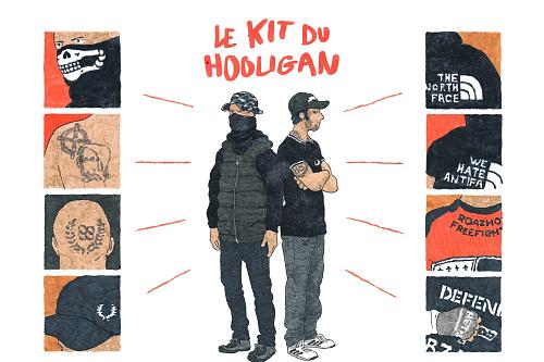 Dessin montrant "le kit du hooligan" d'extrême droite : tatouages, codes vestimentaires spécifiques, symboles néofascistes, etc.