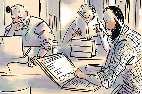 Un dessin de trois personnes devant des ordinateurs ou livres à la main, sur une même table