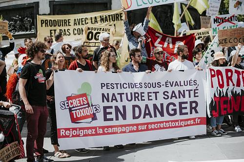 des manifestants tiennent une pancarte "pesticides sous évalués, nature et santé en danger"