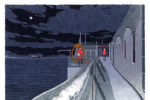 Dessin représentant une femme marin sur un bateau, la nuit. Au second plan, un homme se dirige vers elle dans l'ombre.