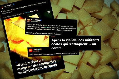 Visuel issu de publications sur les réseaux sociaux et de médias comme Cnews, sur fond d'une photo de Comté (wikimedia).