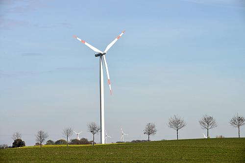 Une éolienne au premier plan et des éoliennes et des arbres au second plan au milieu de champs. 