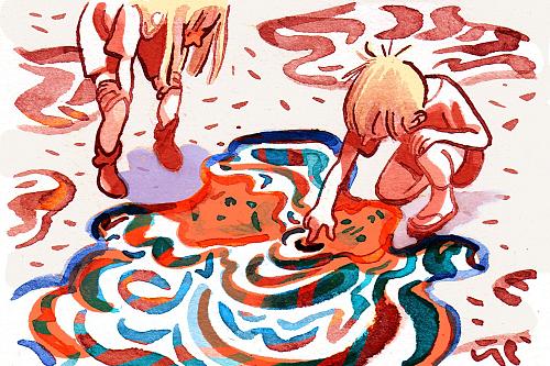 Dessin représentant un enfant assis près d'une flaque d'eau rougeoyante.