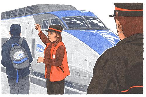 Un dessins montrant une femme cheminote sur un quai de gare devant un train. Elle semble indiquer une direction à un passager quand elle voit qu'un homme cheminot la regarde. 