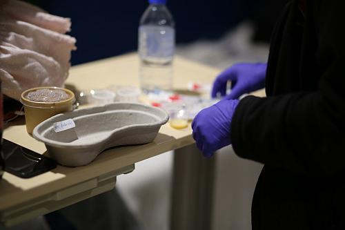 Photographie en plan rapproché montrant les mains d'une infirmière préparant des injections. 