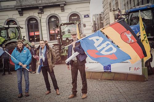 Une personne avec un drapeau ou il y a inscrit AfD et avec un drapeau allemand de la région de la Basse-Saxe lors d'une manifestation d'agriculteurs.