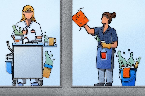 Dessin représentant des femmes travaillant au nettoyage de vitres et de sols.