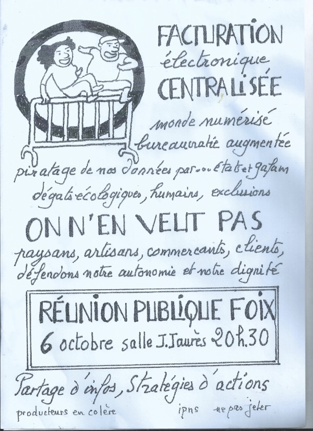 deux personnes en dessin sautent une barrièfe malgré l'interdiction, dans un tract contre la facturation électronique