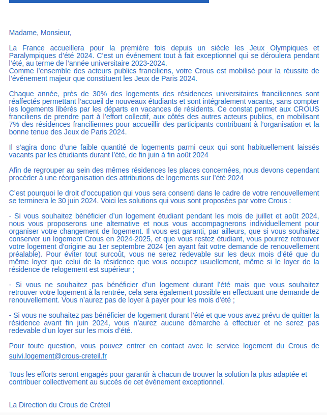 Exemple de mail annonçant la réquisition de certains logements, envoyé aux résidents du Crous de Créteil le 15 mai 2023.