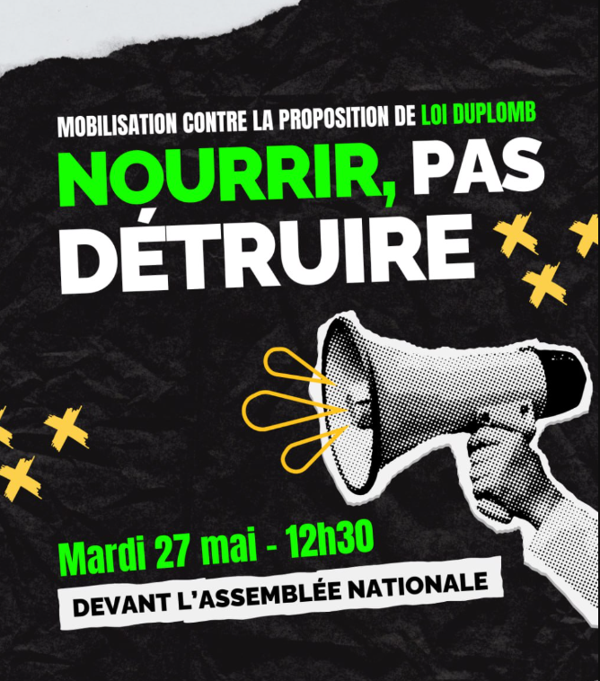 Affiche de mobilisation contre la PPL Duplomb le 27 mai 2025 avec un mégaphone.