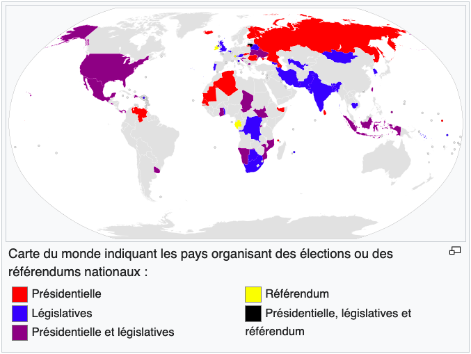 Carte du monde où sont indiqués tous les pays où des élections se tiendront dans l'année à venir, avec différentes couleurs selon si elles sont législatives, présidentielles, ou un référendum