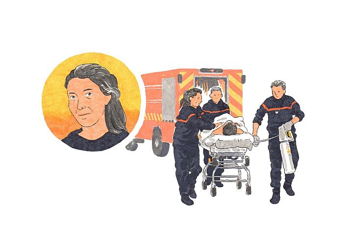 Dessin représentant une intervention de 3 pompiers secouristes avec brancard et camion, et le portrait de Nathalie