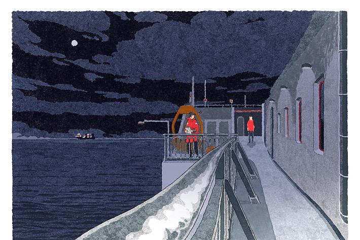 Dessin représentant une femme marin sur un bateau, la nuit. Au second plan, un homme se dirige vers elle dans l'ombre.