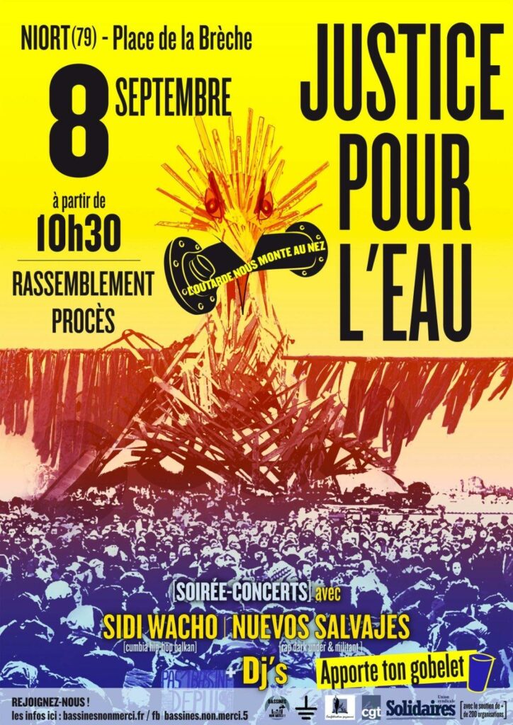 Bassines Non Merci, Les Soulèvements, la Confédération paysanne, la CGT et Solidaires appellent à se retrouver à Niort le 8 septembre à partir de 10h30.