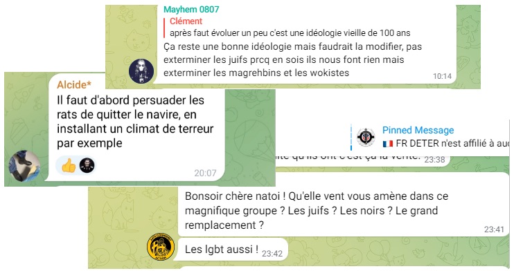 Captures d'écran du canal Telegram FR DETER.