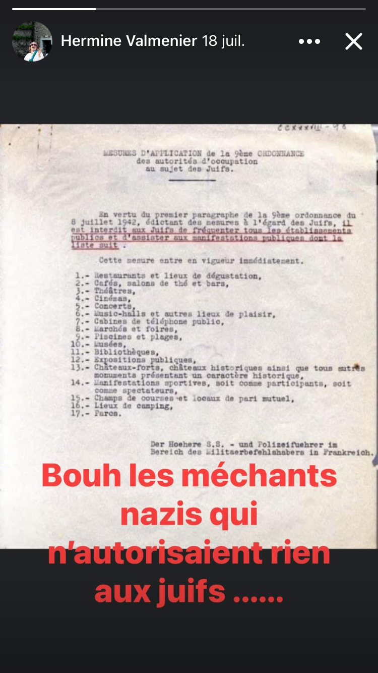 Une ordonnance antisémite, interdisant en 1942 l'accès de nombreux lieux et espaces publics au juifs, sur laquelle est apposée la phrase suivante : "Bouh les méchants nazis qui n'autorisaient rien aux juifs"