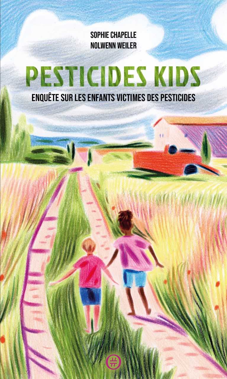 Des enfants courent sur un chemin de campagne avec une menace invisible qui plane, couverture du livre pesticides kids