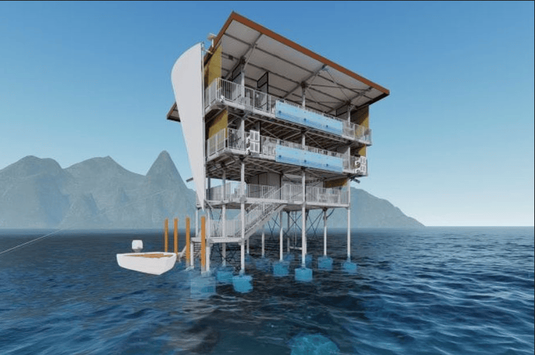 Image virtuelle de la tour de surf plantée dans un lagon
