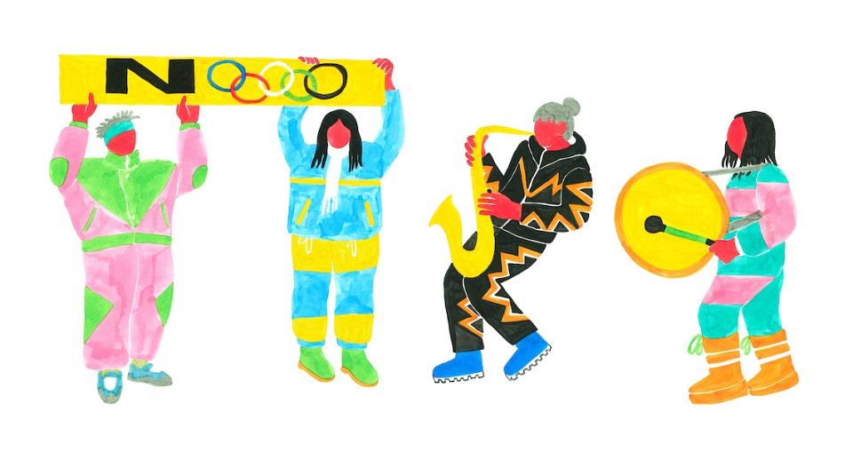 Quatre personnages dessinés, en tenue de ski, deux font de la musique et deux autres tiennent une banderole avec le signe olympique précédé d'un N