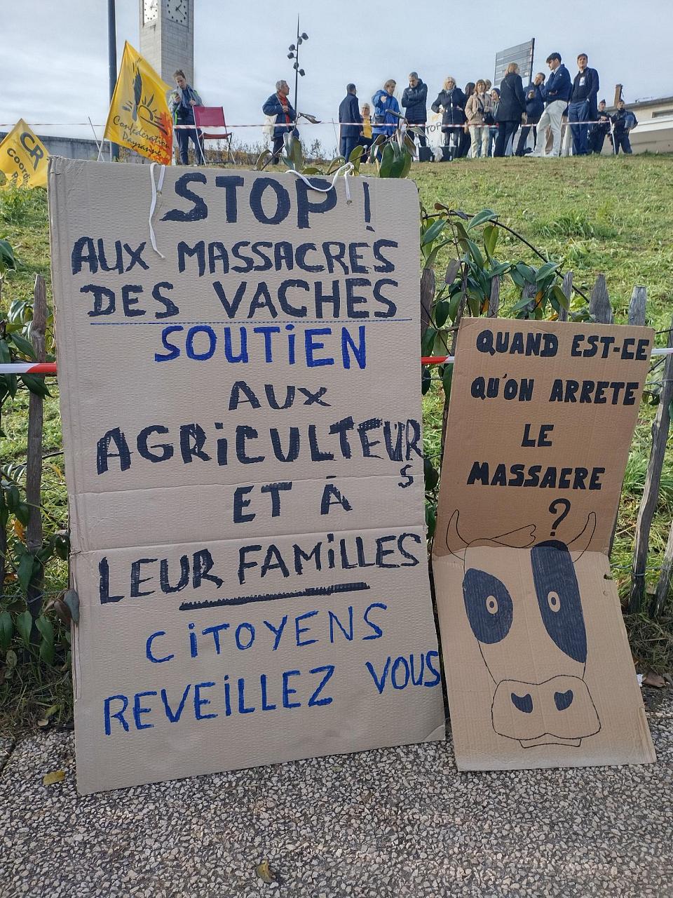 Deux panneaux de cartons sur lesquels il est écrit "stop aux massacres de vaches, soutien aux agriculteurs et à leurs familles", "citoyens réveillez vous" ; des manifestants dans le fond.