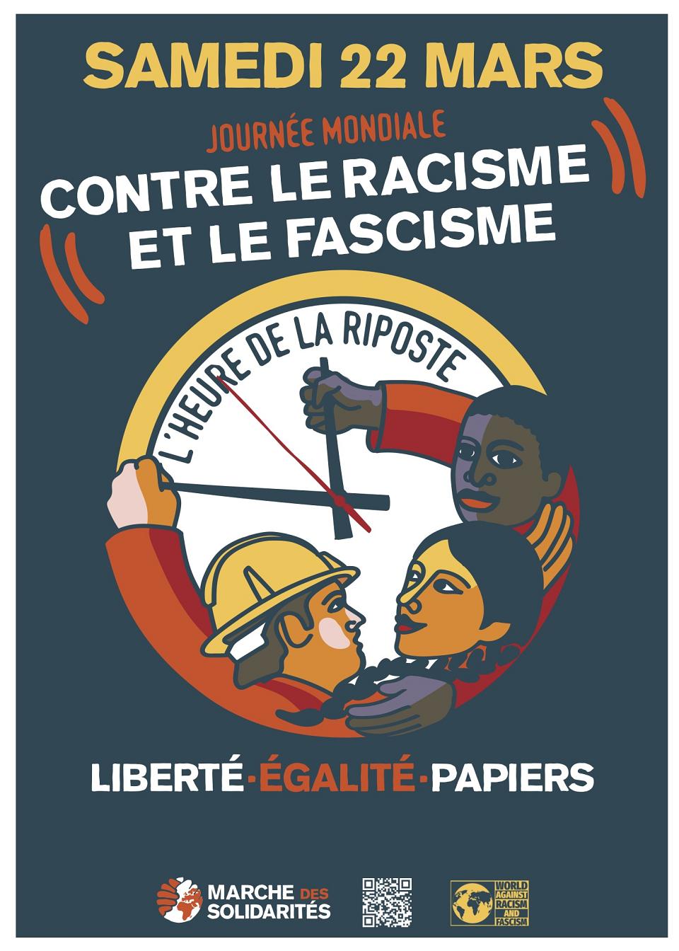 Trois personnes tiennent une horloge indiquant "minuit moins quart", l'heure de la riposte. Liberté, égalité, papiers.