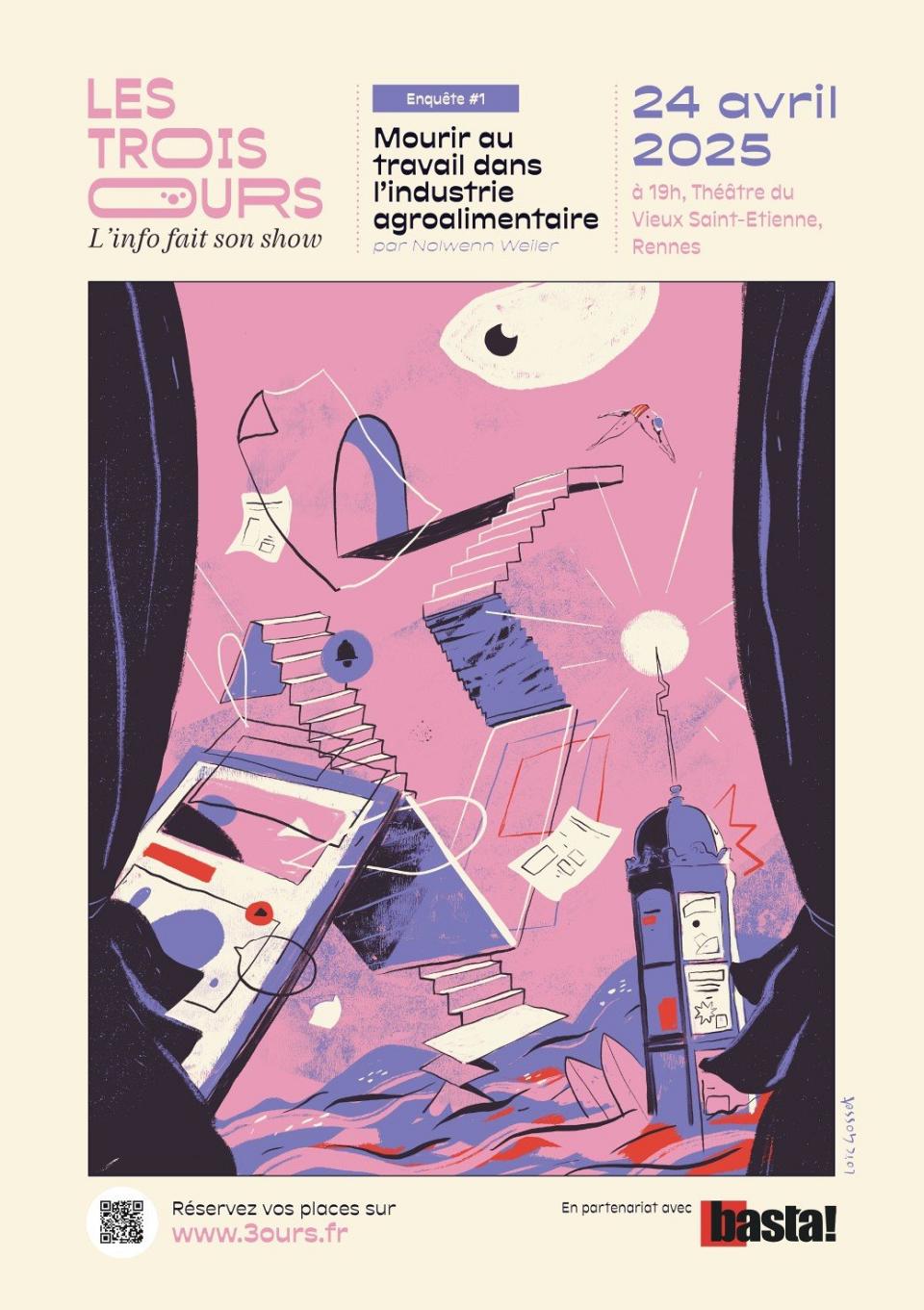 Affiche du spectacle d'information "mourir au travail dans l'industrie agroalimentaire" en partenariat avec Les 3 Ours Média.