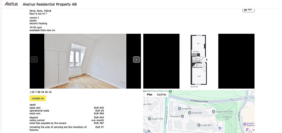 Une cpature d'écrant d'une annonce : 995 euors pour 19m2.