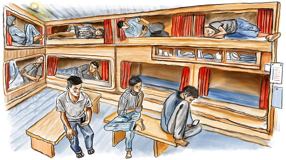 Dessin représentant six hommes allongés dans des cabines de bateau étroite et trois hommes assis sur des bancs devant. 