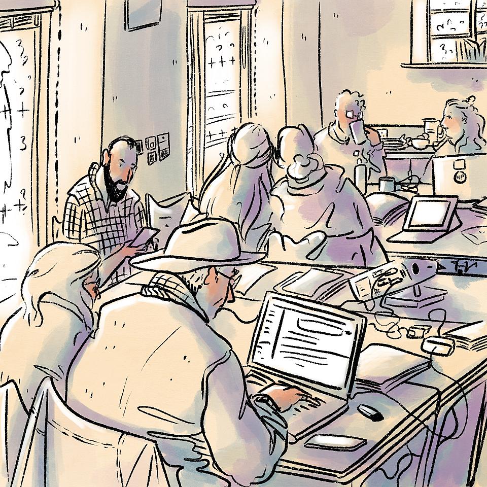 Plusieurs personnes dans une salle, sur des ordinateurs, semblent écrire (dessin)