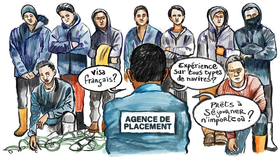Dessin représentant neuf matelots faisant face à un homme, sur le dos duquel est écrit « agent de placement dans le dos ». Il dit «visa français ? », « expérience sur tous types de navires ? » , « prêts à séjourner n'importe où ? »