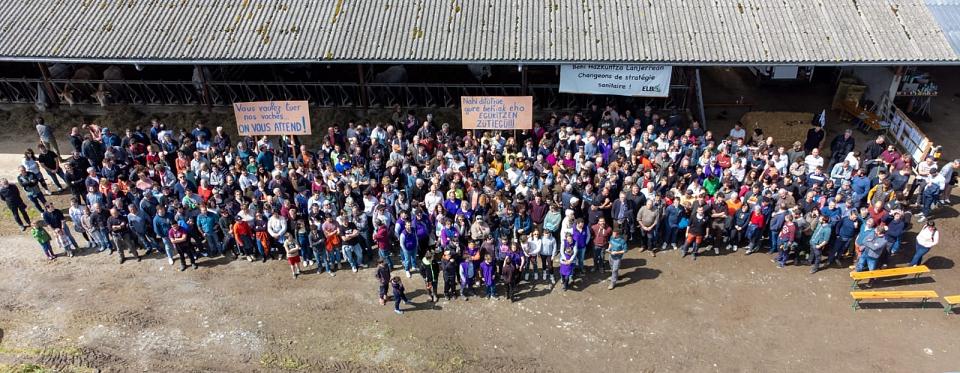 des centaines de personnes réunies dans une ferme brandissent des pancartes "vous voulez tuer nos vaches, on vous attend !"