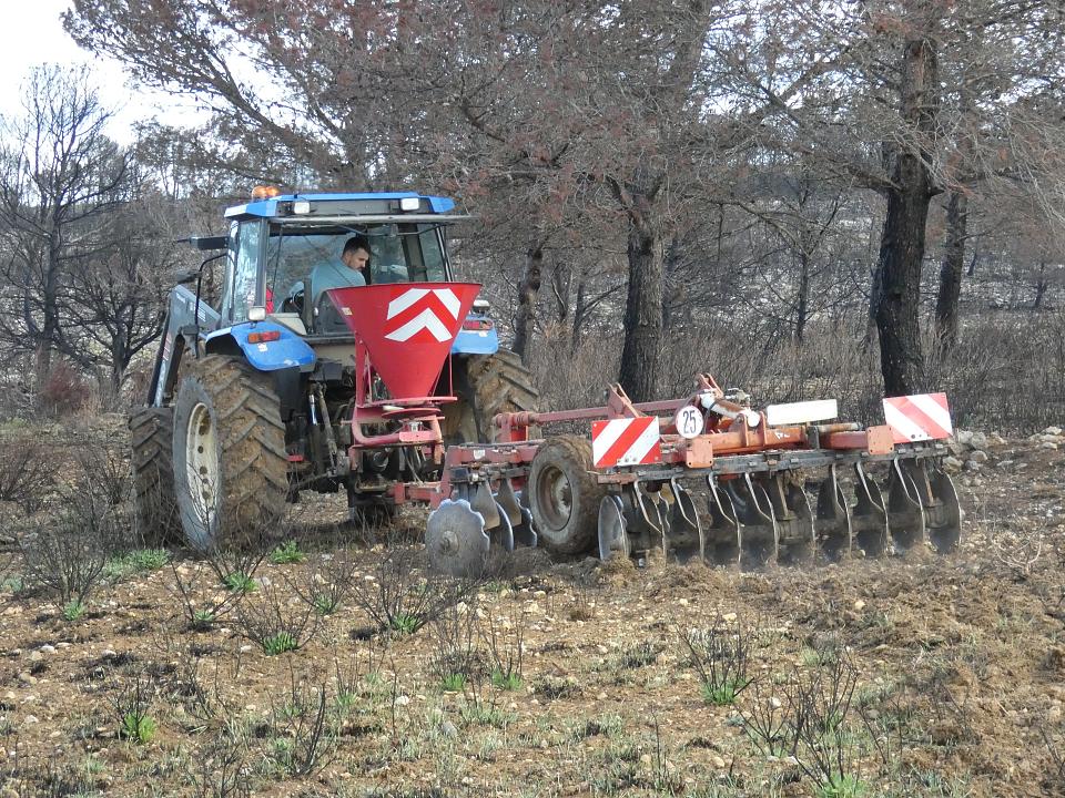 Un tracteur sème au milieu des garrigues.