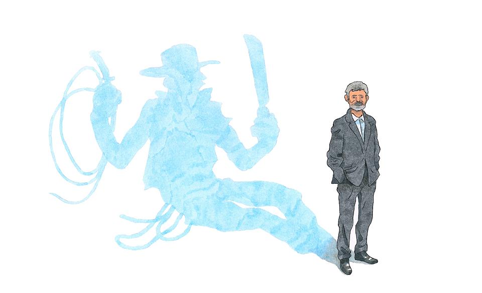 Un homme en costume cravate projette l'ombre d'un Indiana Jones