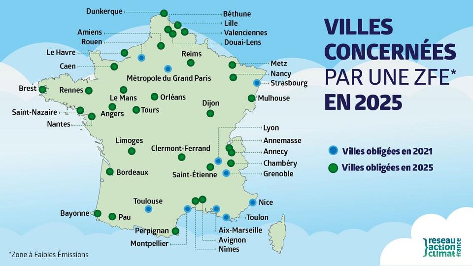 Carte des villes concernées par les ZFE en 2025 du Réseau Action CLimat. 