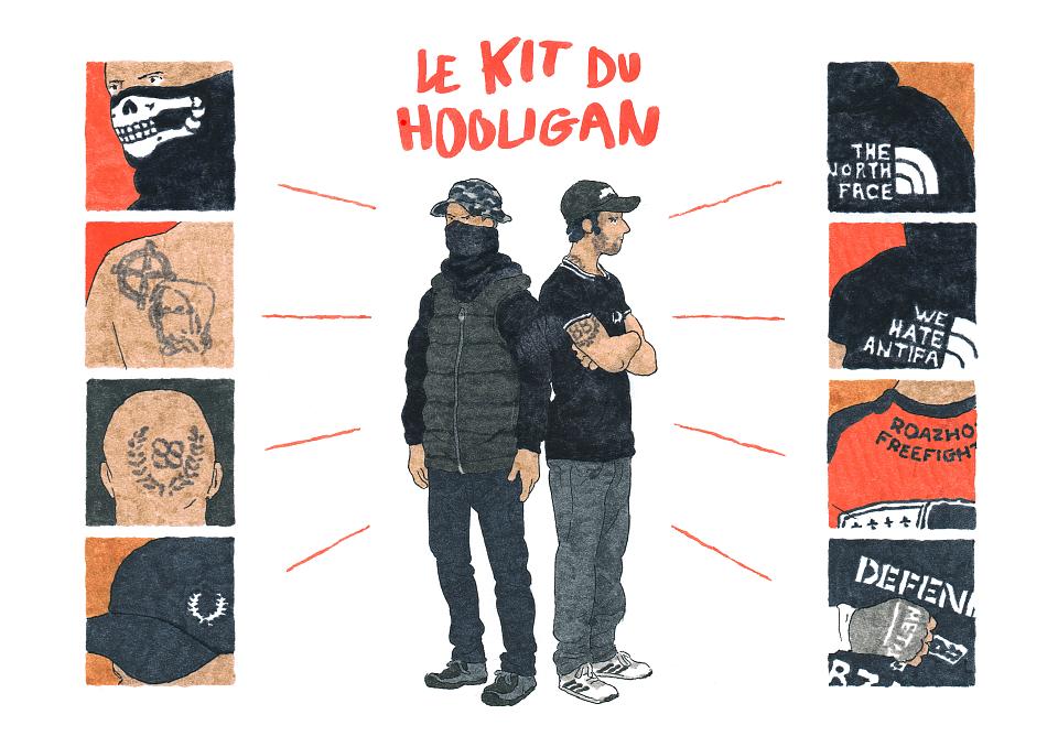 Dessin montrant "le kit du hooligan" d'extrême droite : tatouages, codes vestimentaires spécifiques, symboles néofascistes, etc.
