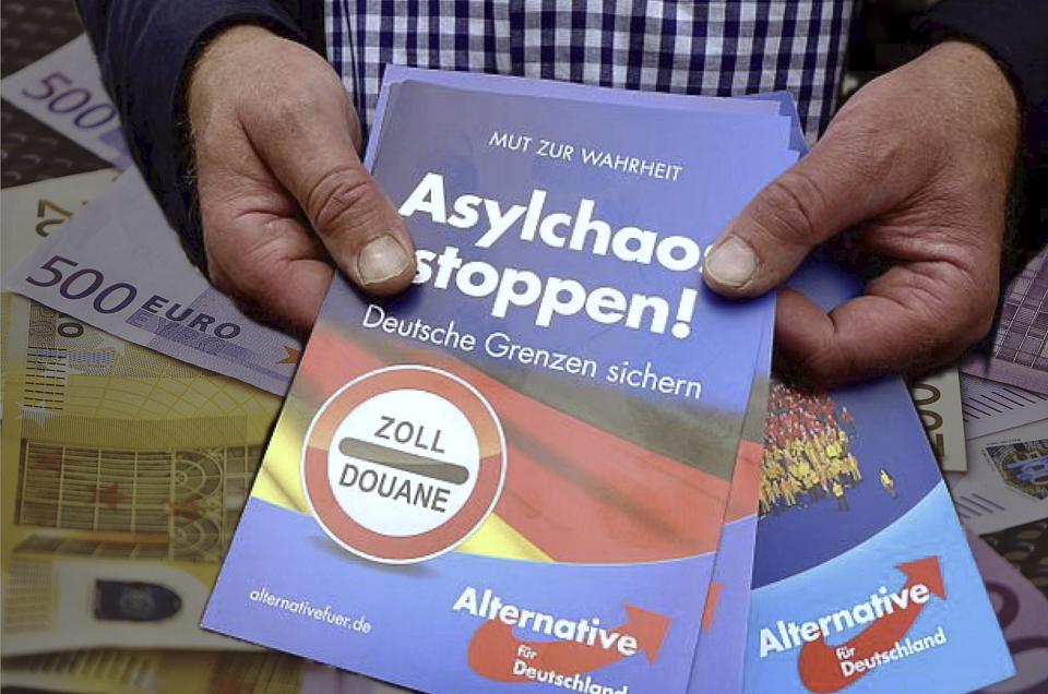 Des mains tiennent des tracts de l'AfD, avec en fond des billets de 200 et 500 euros