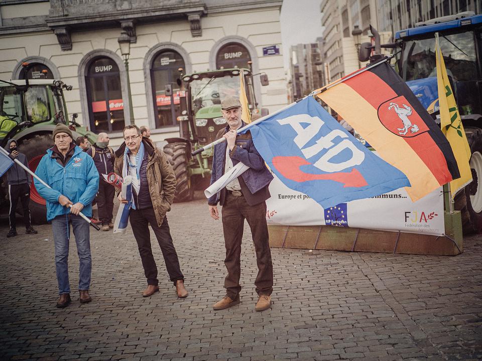 Une personne avec un drapeau ou il y a inscrit AfD et avec un drapeau allemand de la région de la Basse-Saxe lors d'une manifestation d'agriculteurs.