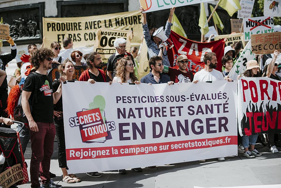 des manifestants tiennent une pancarte "pesticides sous évalués, nature et santé en danger"