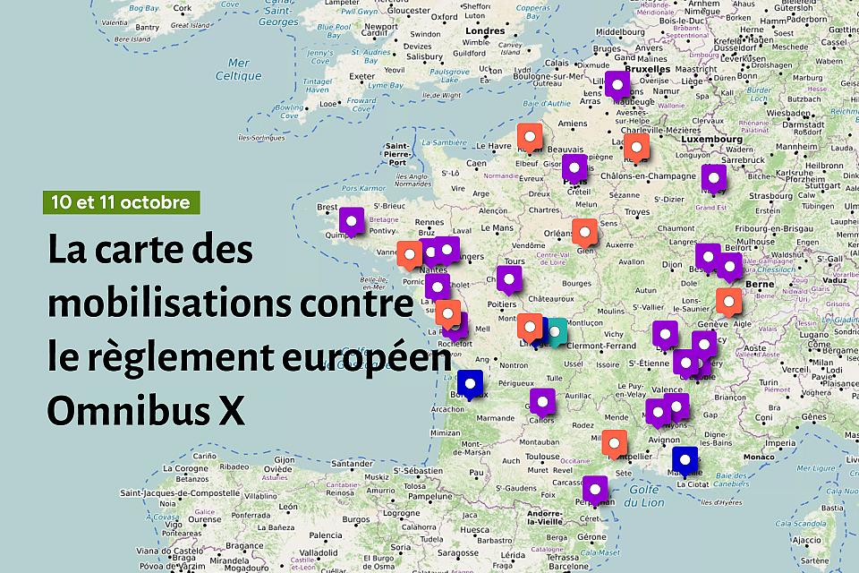 la carte des mobilisations en France contre le règlement européen omnibus X avec des points sur la métropole dans différentes couleurs