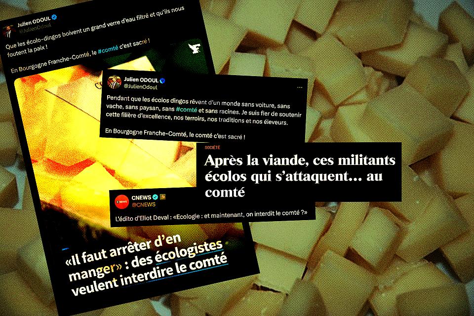 Visuel issu de publications sur les réseaux sociaux et de médias comme Cnews, sur fond d'une photo de Comté (wikimedia).