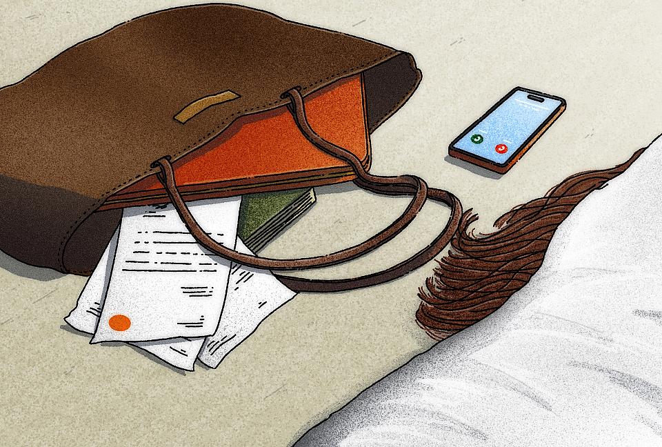 Dessins représentant un sac à main ouvert tombé au sol avec un téléphone portable et une mèche de cheveux à côté.