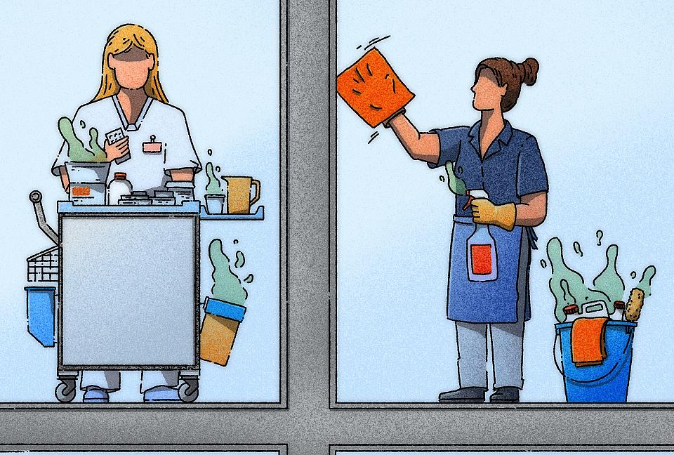 Dessin représentant des femmes travaillant au nettoyage de vitres et de sols.