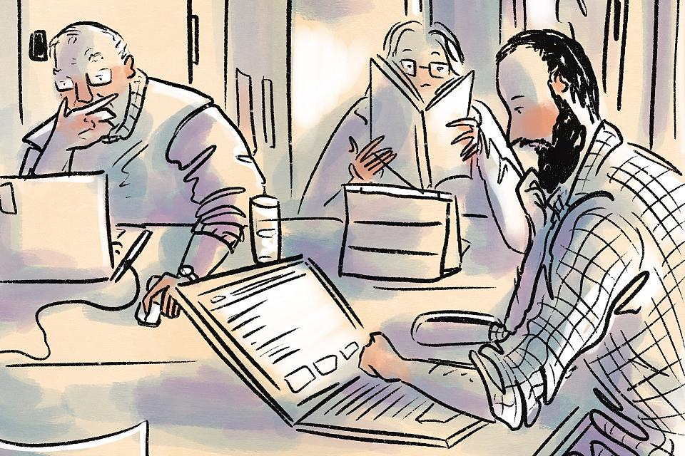 Un dessin de trois personnes devant des ordinateurs ou livres à la main, sur une même table